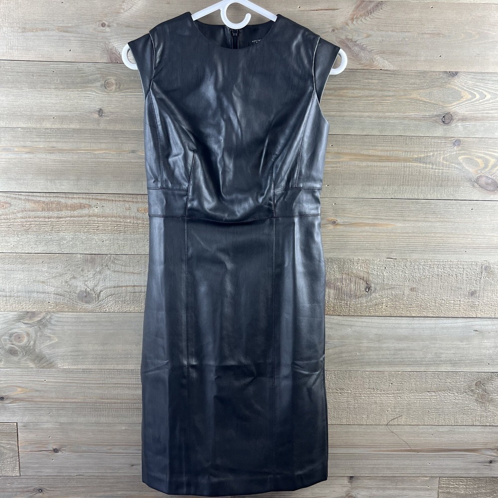 Ann Taylor Womens Dress Faux Leather‎ Cap Sleeve Round Neck Black 0 Petite 0P